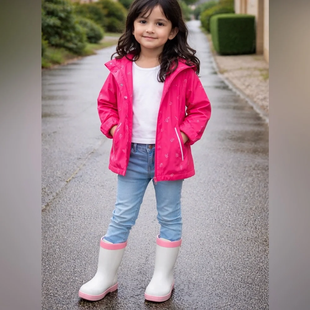 Girls Pink Waterproof Raincoat Hooded Jacket Hearts EU 116 US 5-6